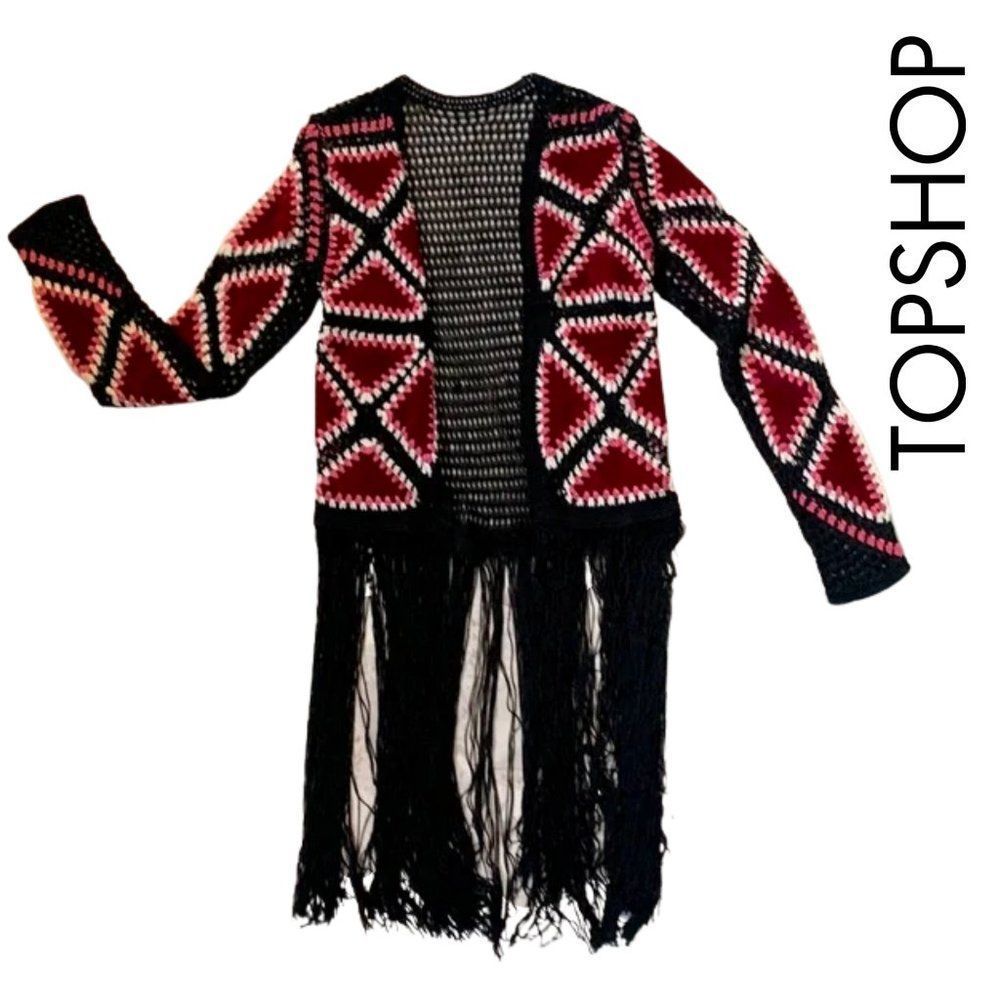 Topshop Black & Red Crochet Fringe Swim Coverup